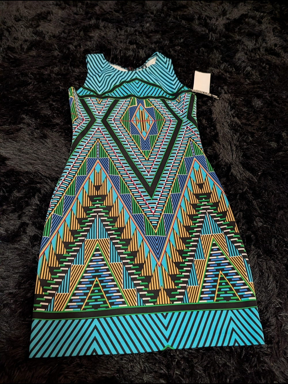 Design Lab Lord & Taylor Geometric Mini Dress in Teal, Black, Green and Gold